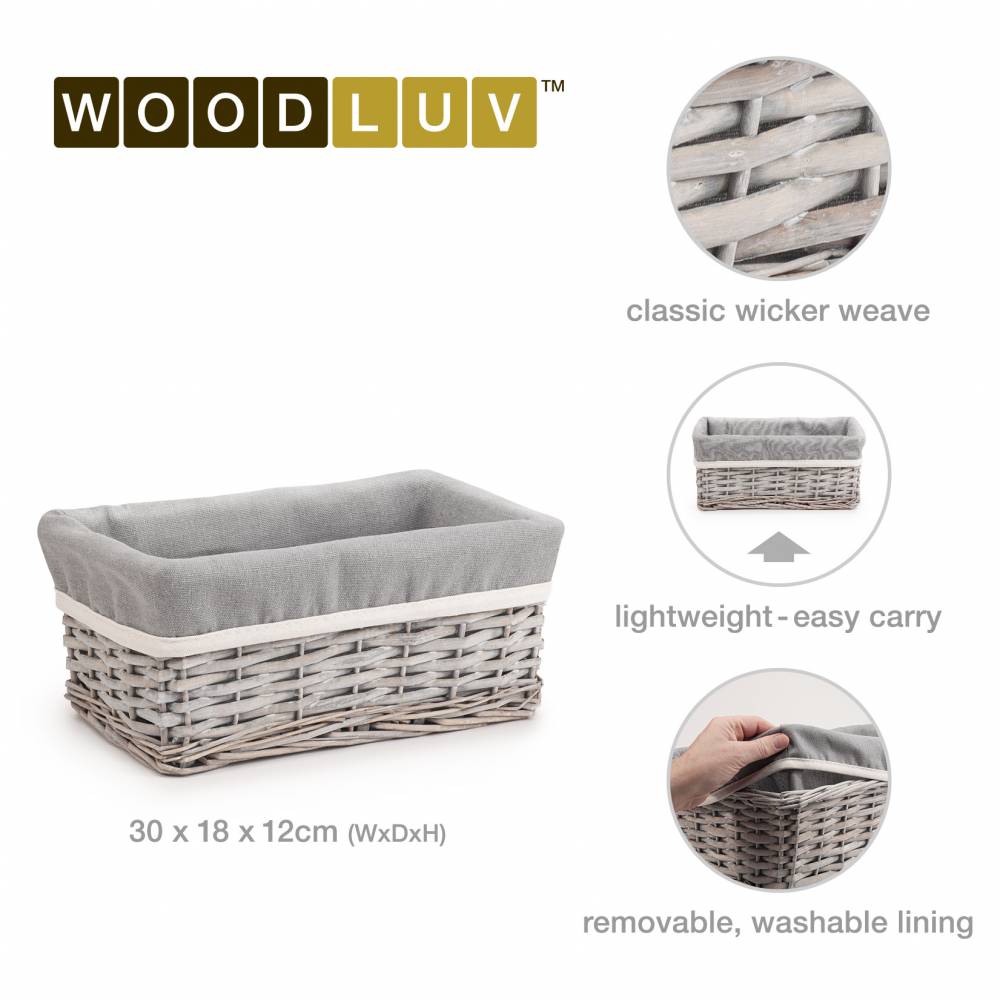 Woodluv Wicker Shelf Storage Hamper Basket With Liner, Small, Grey