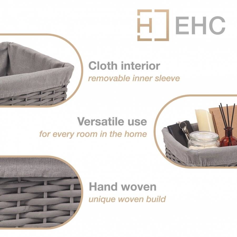 Woodluv Wicker Shelf Storage Hamper Basket With Liner, Small, Grey