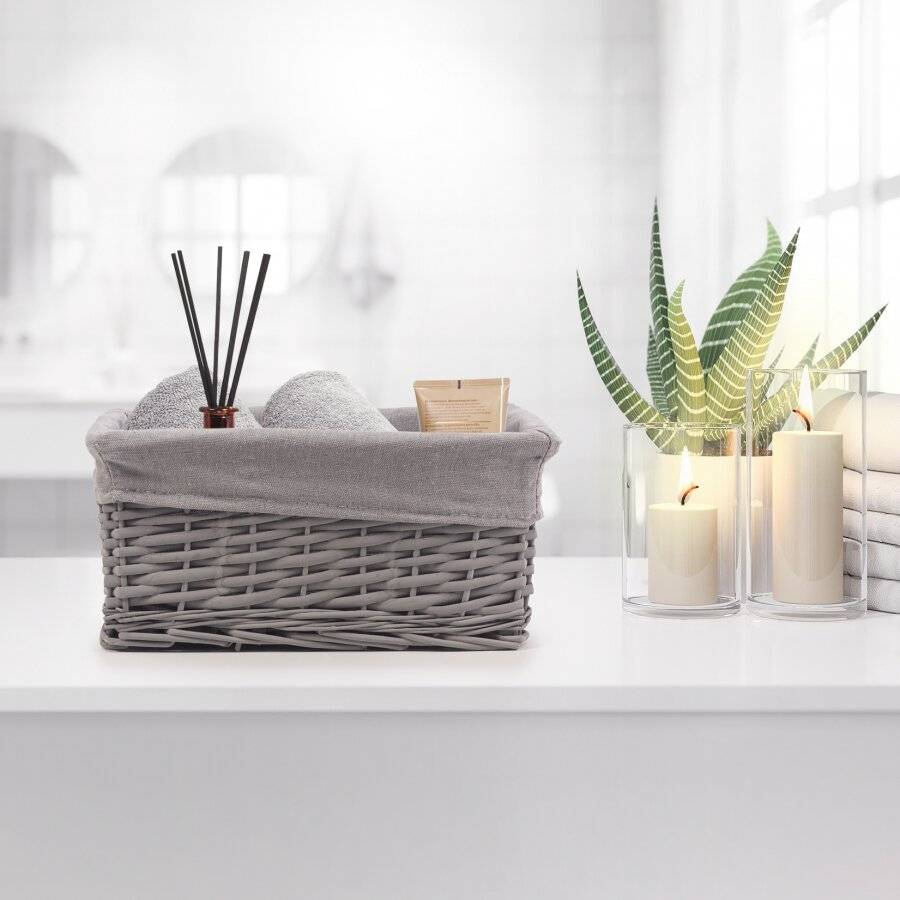 Woodluv Wicker Shelf Storage Hamper Basket With Liner, Small, Grey