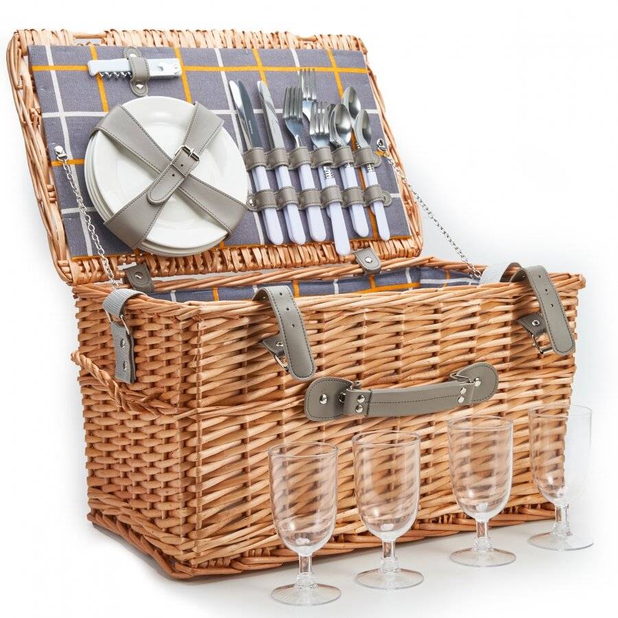 Woodluv Willow Picnic Basket For 4 People With Quality Accessories 