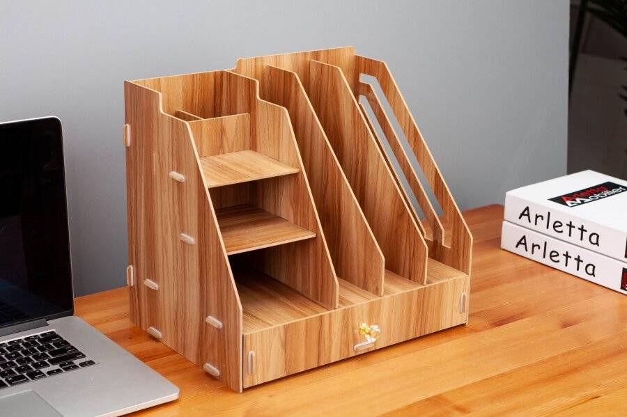 Woodluv Wooden Multifunctional 5 Compartment Desk Organizer