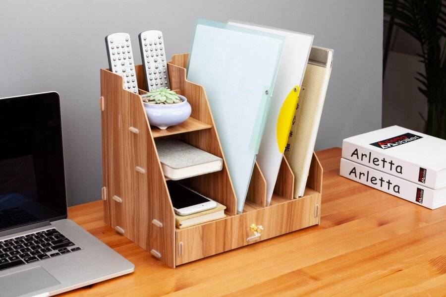 Woodluv Wooden Multifunctional 5 Compartment Desk Organizer