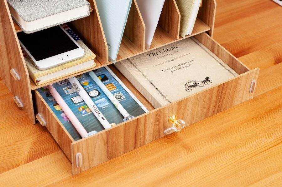 Woodluv Wooden Multifunctional 5 Compartment Desk Organizer